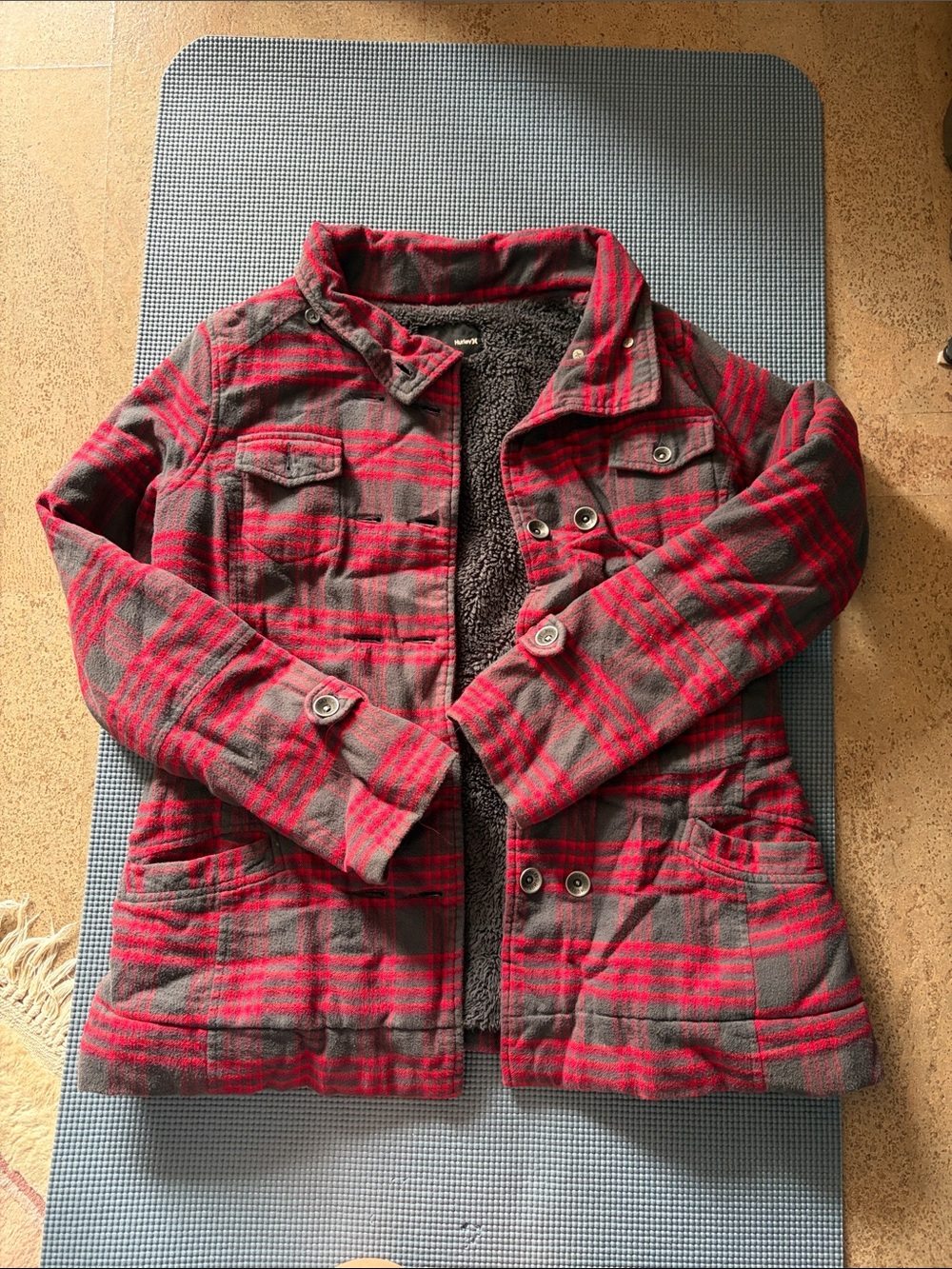 Hurley Red and Gray Plaid Sherpa-Lined Pea Coat